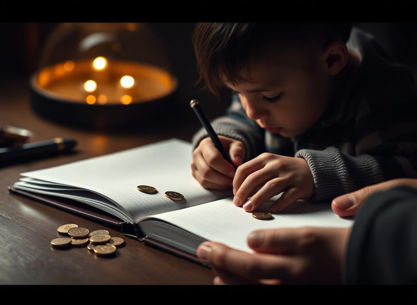 Criança aprendendo sobre dinheiro com a presença de um pai